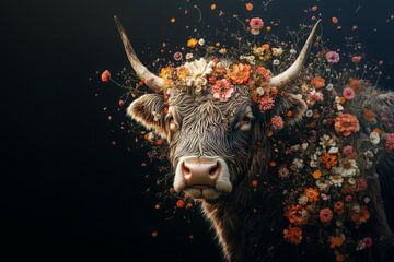 Natuurlijke Gratie - Stier Omhuld door Bloemen van Eva Lee