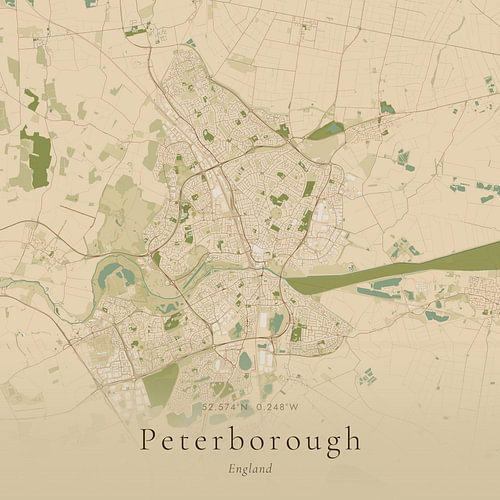 Vintage landkaart van Peterborough, United Kingdom