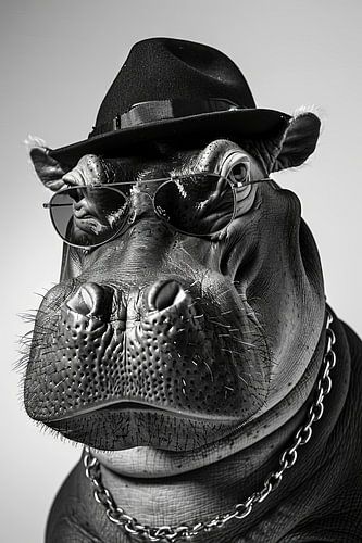 Hippopotame élégant avec lunettes de soleil et chapeau en noir et blanc