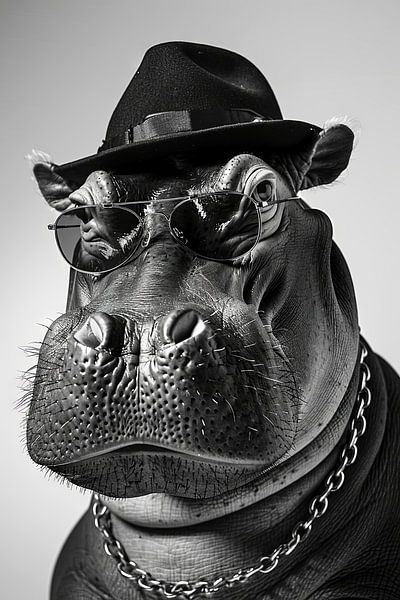 Hippopotame élégant avec lunettes de soleil et chapeau en noir et blanc par Poster Art Shop