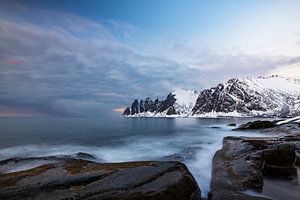 Sunset over the Okshornan mountain range at Tungeneset on the island of Senja in Northern Norway