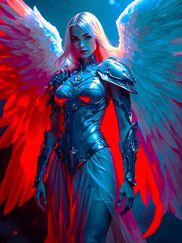 Hemelse engelachtige schoonheid in zilveren harnas en gekleurd licht