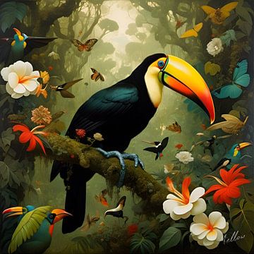 Jungle Flora Surrealism: Keel-Billed Toucan by Mellow Art