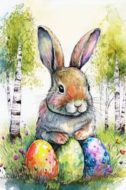 Easter bunny with colourful Easter eggs in the grass with birch trees by Jörg B. Schubert