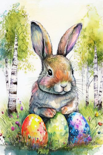 Lapin de Pâques avec des œufs de Pâques colorés dans l'herbe avec des bouleaux