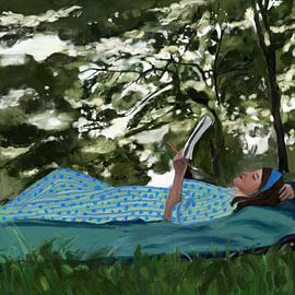 Woman Reading Outdoors by Osheensgallery