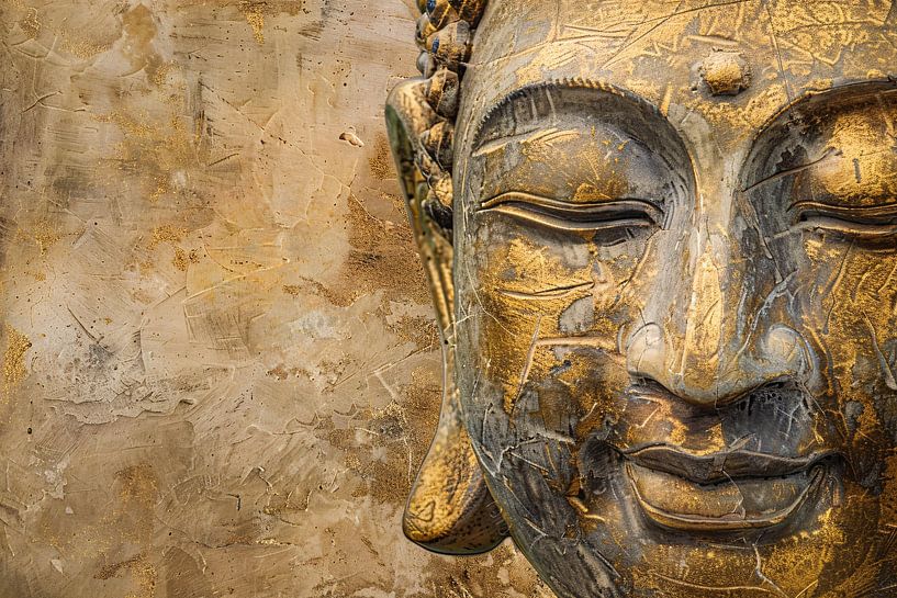 Golden Buddha portrait on weathered background by Art & Soul Creations