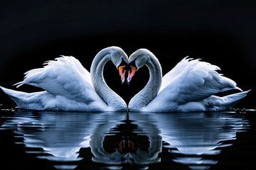 Twee zwanen vormen hart op water van De Muurdecoratie