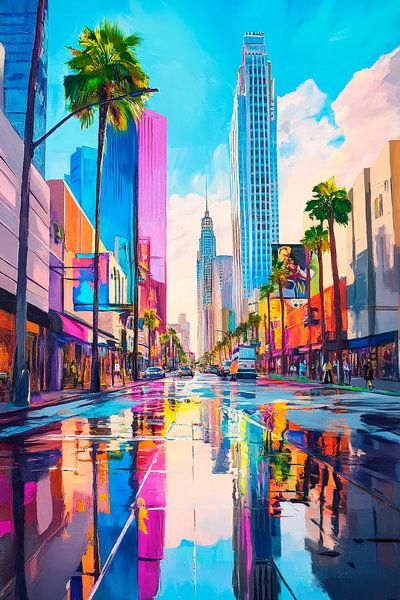 Levendig stadsgezicht met palmbomen van Poster Art Shop