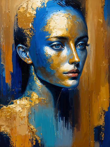 Abstraktes Porträt einer Frau in Blau und Gold