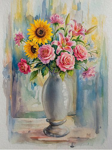 Romantisch, charmant boeket met zonnebloemen, rozen en lelies