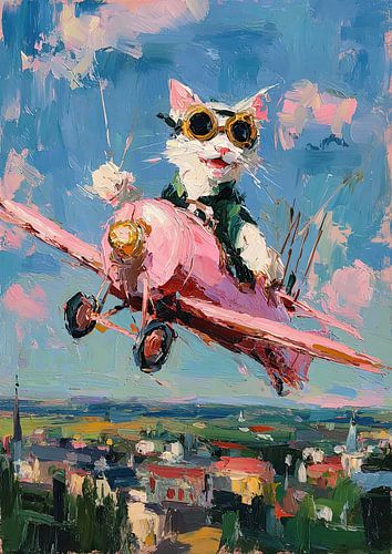 Weiße Katze als Pilotin über bunter Stadt