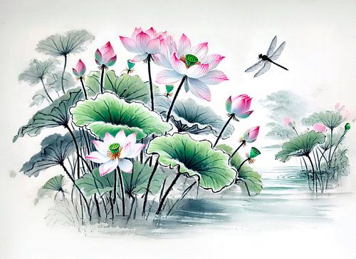Lotusbloemen en libellen, geschilderd in de stijl van Aziatische inktkunst