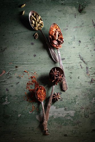 Spices on a grey-green kitchen table by Saskia Schepers