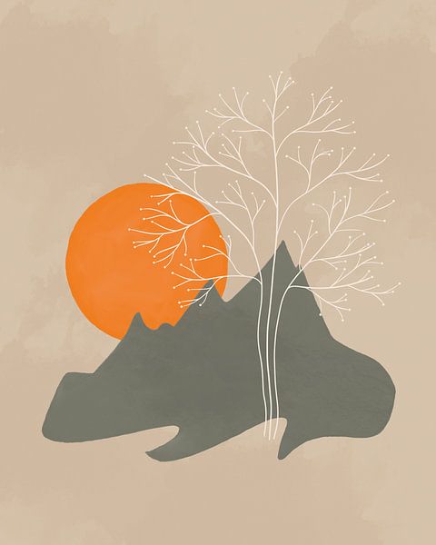 Mountains, sun and tree