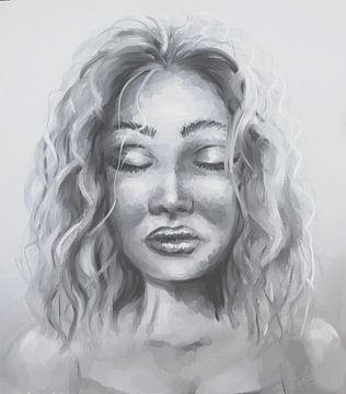 Porträt einer Frau mit geschlossenen Augen, Kunstwerk in Grautönen. von Emiel de Lange