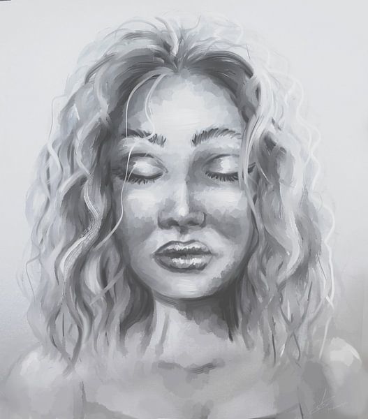 Portret van vrouw met gesloten ogen, kunstwerk in grijstinten. van Emiel de Lange