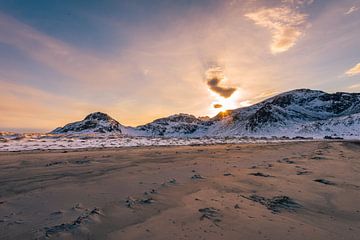 Scenic view over the sand beach near the village Fredvang while hiking in Ytresand on the Lofoten is by Robert Ruidl