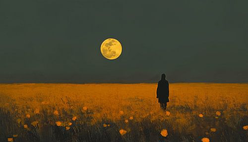 Alleen onder het maanlicht in een gele bloemenveld