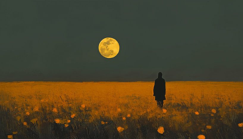 Alleen onder het maanlicht in een gele bloemenveld van TheXclusive Art