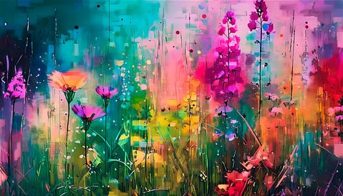 Bijzonder schilderij van bloemenveld met kleurrijke wilde bloemen