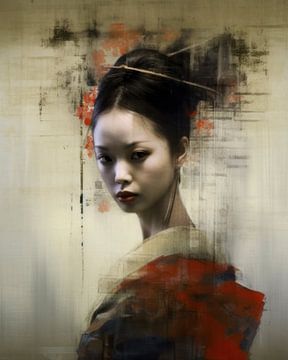 Portret "Geisha in rode tinten" van Carla Van Iersel