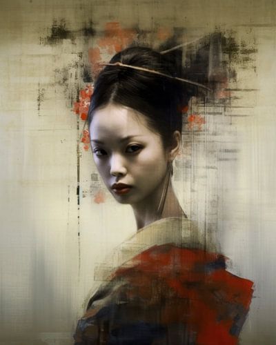 Portret "Geisha in rode tinten"