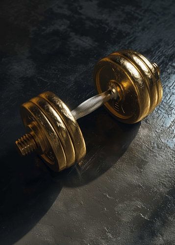 A luxurious goldplated dumbbell resting on a dark textured surface