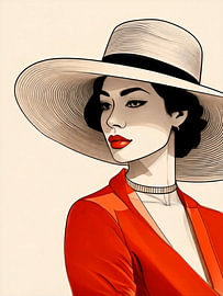 Elegante, moderne Frau mit Sonnenhut im Vintage-Pop-Art-Stil