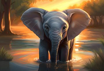 Eléphant Afrique Coucher de soleil Bébé éléphant dans l'eau sur Creavasis