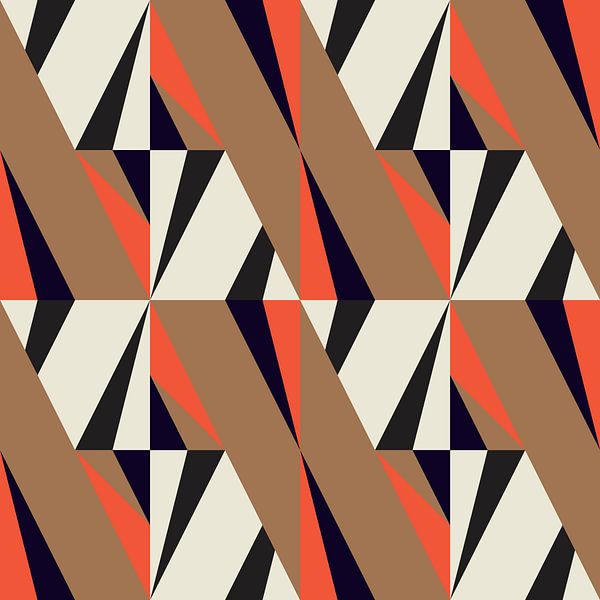 Retro geometrie met driehoeken in Bauhaus-stijl in bruin, oranje, zwar van Dina Dankers