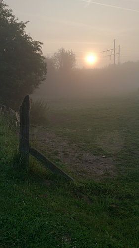 Zonsopgang met mist, langs de spoorweg. Lenteochtend.