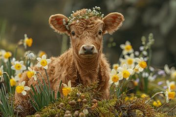 Lentekalf in een narcissenveld - Een vleugje plattelandsleven voor je huis van Felix Brönnimann