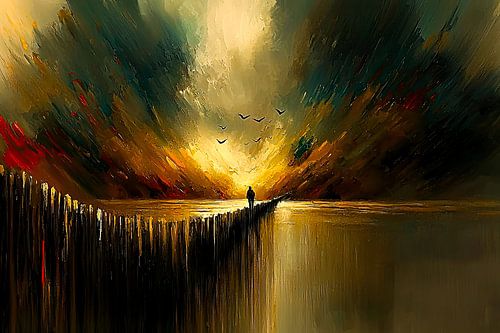 Man op brug bij zonsondergang