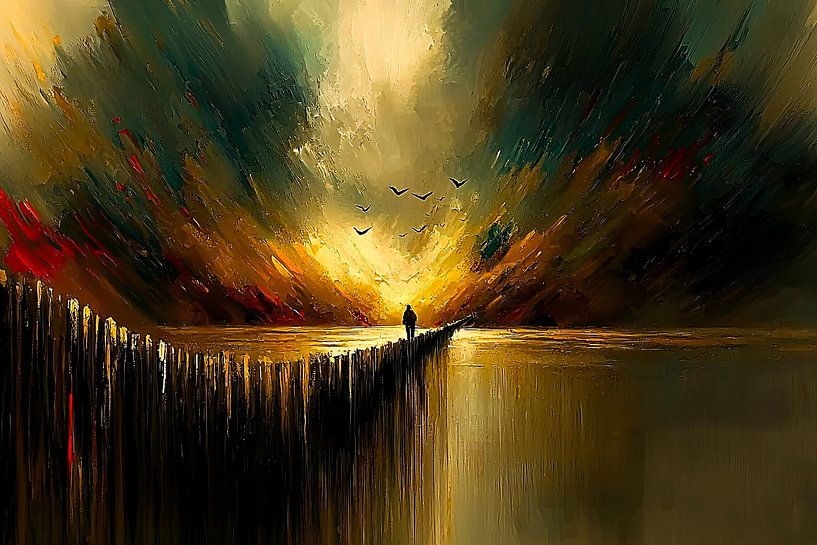 Man op brug bij zonsondergang van Art & Soul Creations