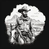 Black-and-white sketch Cowboy on his trusty steed