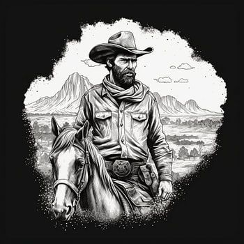 Zwart-wit avontuurlijke cowboy in detail schets stijl