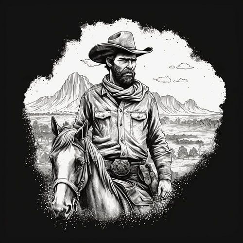 Croquis en noir et blanc Cowboy sur son fidèle destrier
