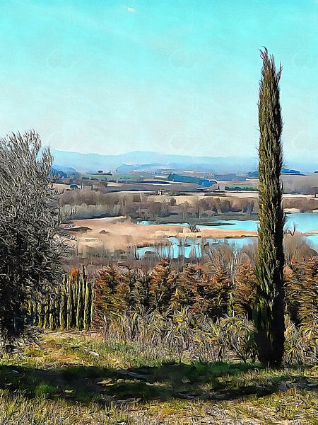 Lone Cypress with Lago di Chiusi in Tuscany by Dorothy Berry-Lound