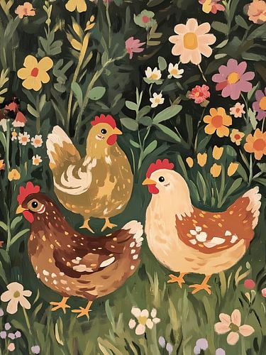 Chickens in Flower Garden
