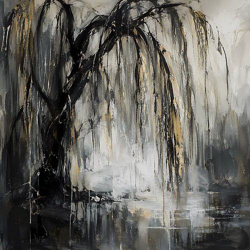 Abstract weeping willow in black, grey & nd gold | Elegant tree art by the water | Square poster