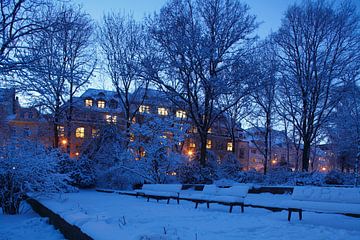 Park Wallanlagen in de winter met sneeuw bij schemering, Bremen, Duitsland, Eurpoa I Park Wallanlage