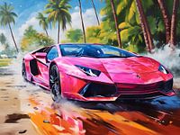 Pink Lamborghini unter Palmen, Acryl