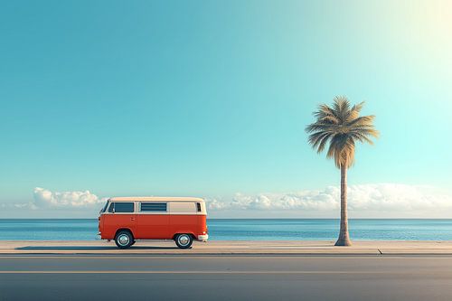 Sunset holiday van | Vintage busje langs kustlijn met palmboom