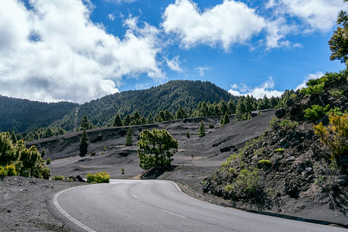 Eine kurvenreiche Straße durch die Vulkanlandschaft von La Palma