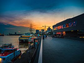 Haven van Hamburg met zonsondergang