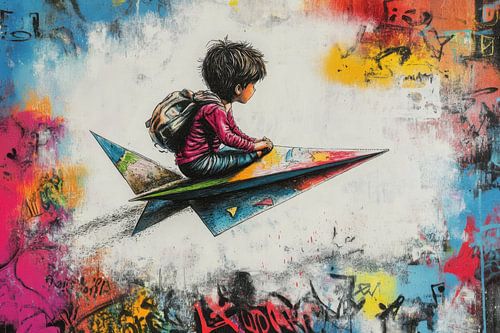 Jongen op vlieger - Dromerig urban graffiti kunstwerk