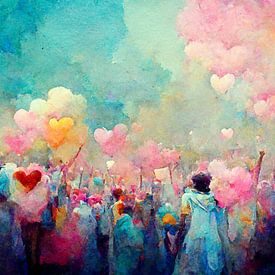Un groupe de personnes joyeuses fait la fête, des nuages et des cœurs colorés flottent au-dessus de  sur Berit Kessler