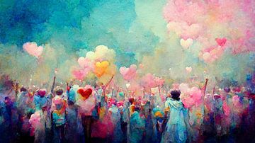 Een groep gelukkige mensen viert feest, kleurrijke wolken en harten zweven boven de menigte van Berit Kessler