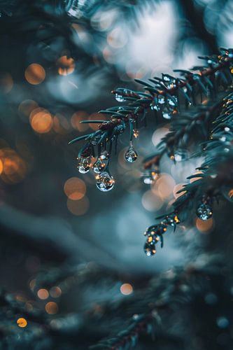 Glinsterende dauwdruppels op dennentak